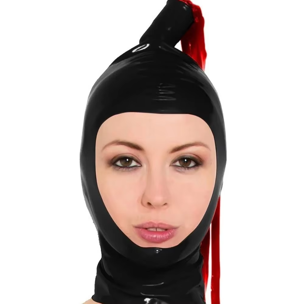 Cosplay Prop Paint - Schwarze Latexhaube mit Latex-Pferdeschwanz-Perücken, offenes Gesicht,