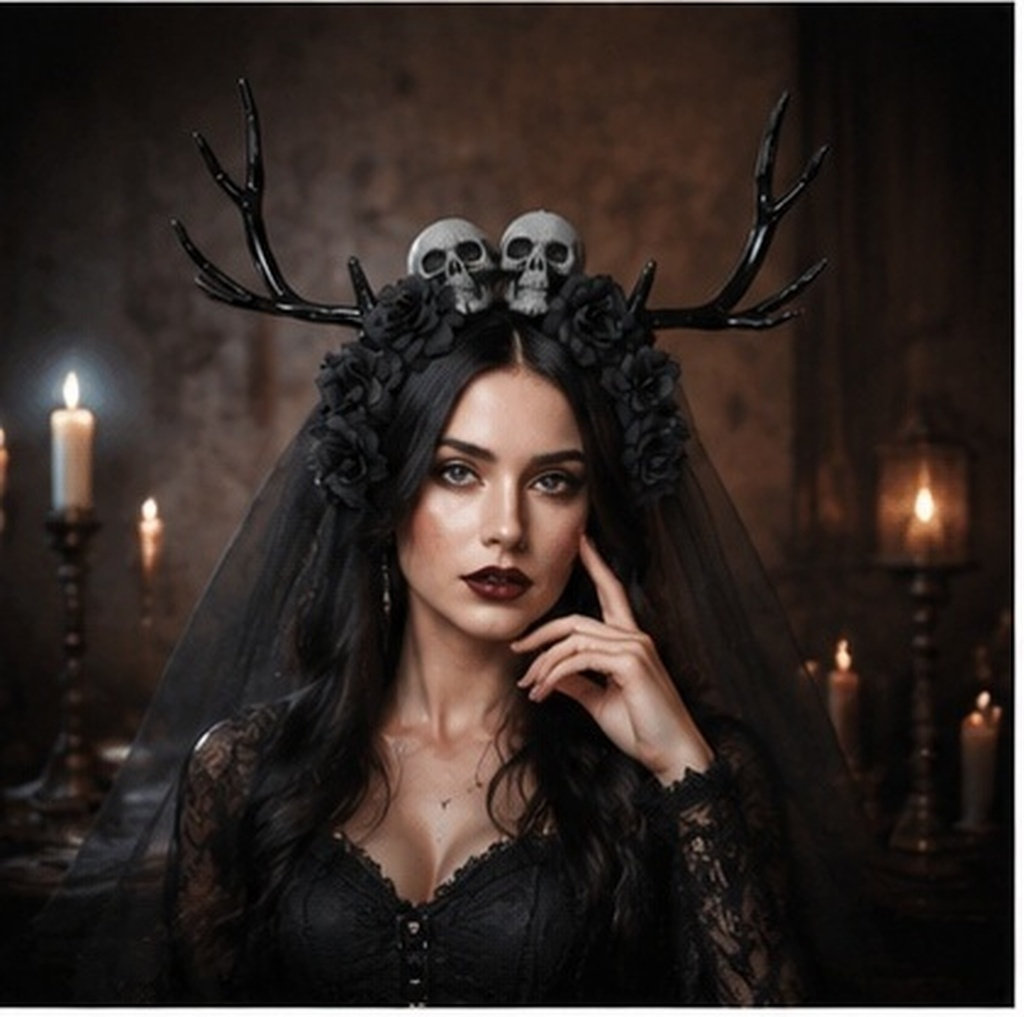 Easy Cosplay Prop - Geweih-Stirnband für Damen, Halloween-Cosplay, Gothic-Accessoires, Totenkopf-Rosenblüten-Dekor,