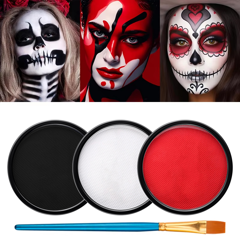 Cosplay Prop Paint - 3-teiliges Schwarz-Weiß-Rot Wasserbasiertes Gesichtsfarben-Set mit Gratis-Pinsel,
