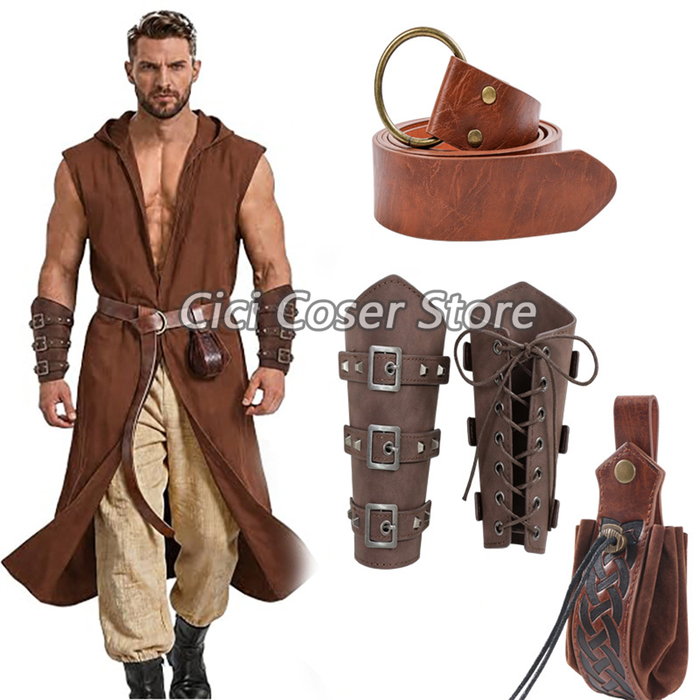 Cosplay Prop - Mittelalterliches PU-Leder-Gürtel-Set mit Armschienen und Hüfttasche,